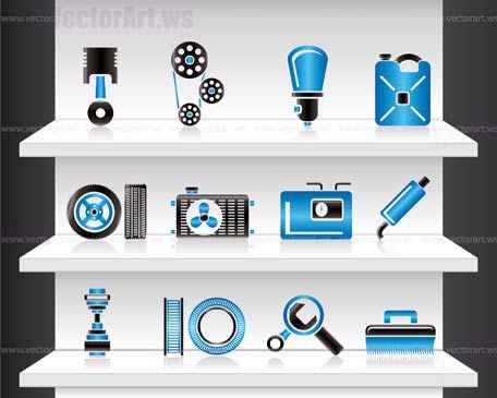 Shelf with Car Parts - Vector Illustration