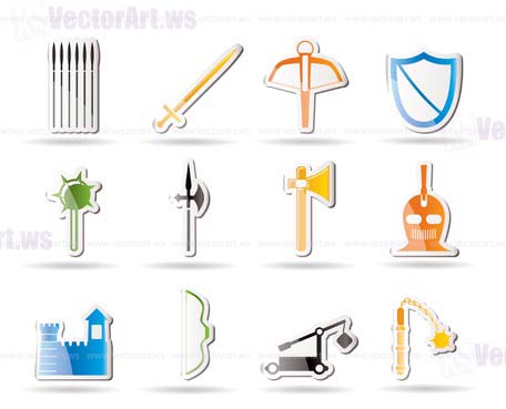 Simple medieval arms and objects icons - vector icon set