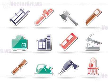 Woodworking industry and Woodworking tools icons - vector icon set