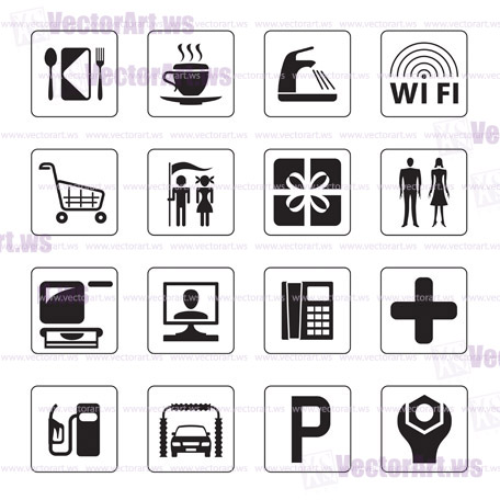 Gas station, mall and motel icons set - vector illustration