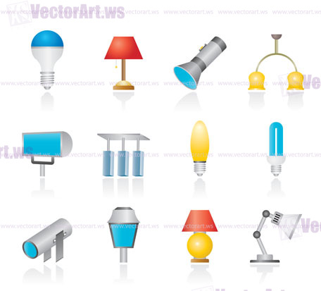 different kind of lighting equipment - vector icon set