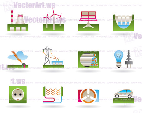Power plants, electricity grids and electricity consumers - vector illustration