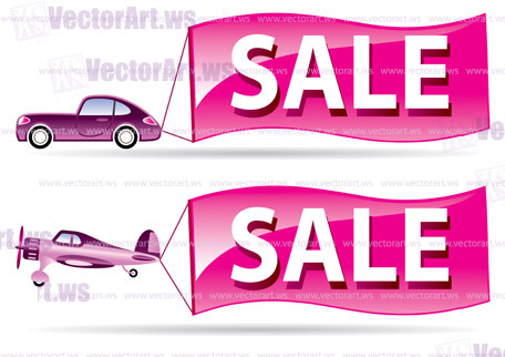 Sale flyer coming by car and airplane - vector illustration