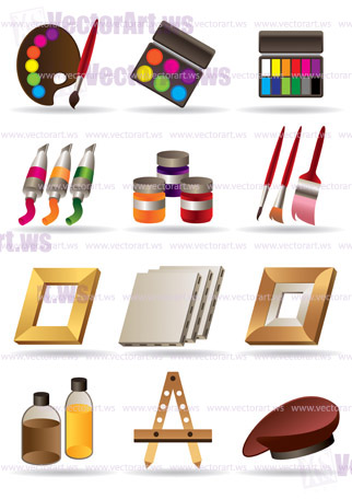 Painting materials and tools for artists icons set - vector illustration