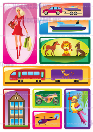Different children"s toys in boxes - vector illustration