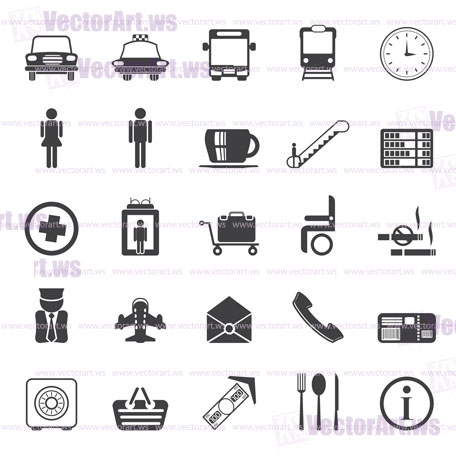Silhouette Airport, travel and transportation vector icon set