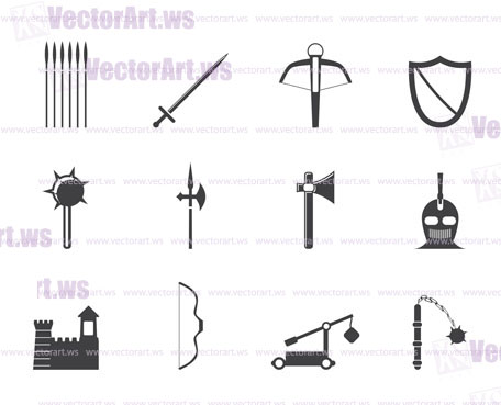 Silhouette medieval arms and objects icons - vector icon set
