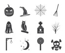 Silhouette halloween icon pack  with bat, pumpkin, witch, ghost, hat - vector icon set