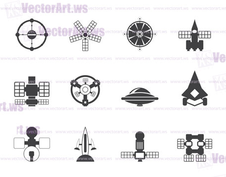 Silhouette different kinds of future spacecraft icons - vector icon set