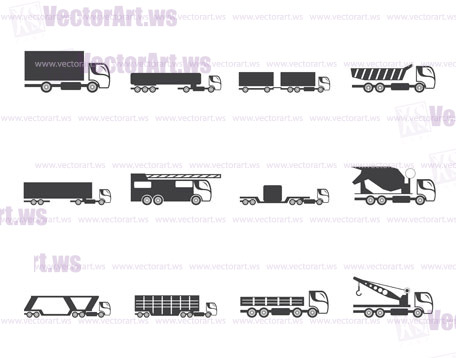 Silhouette different types of trucks and lorries icons - Vector icon set