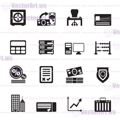 Silhouette bank, business, finance and office icons - vector icon set