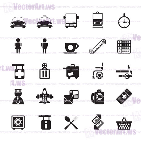 Silhouette Airport, travel and transportation icons -  vector icon set
