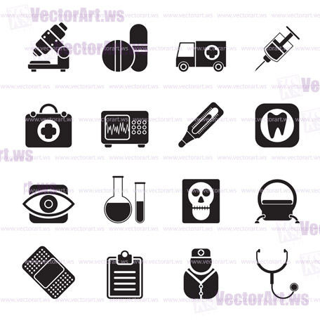 Silhouette medical, hospital and health care icons - vector icon set
