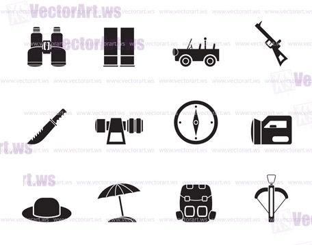 Silhouette safari, hunting and holiday icons - vector icon set