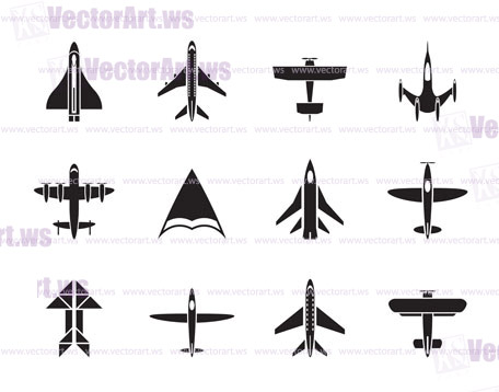 Silhouette different types of plane icons - vector icon set