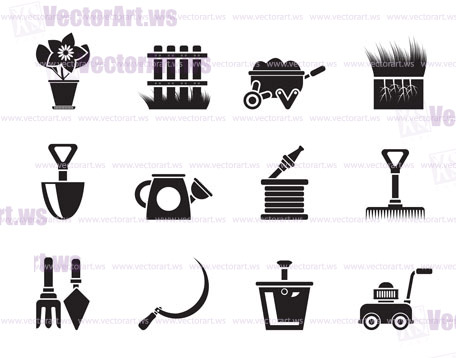 Silhouette Garden and gardening tools icons - vector icon set