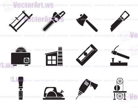 Silhouette Woodworking industry and Woodworking tools icons - vector icon set