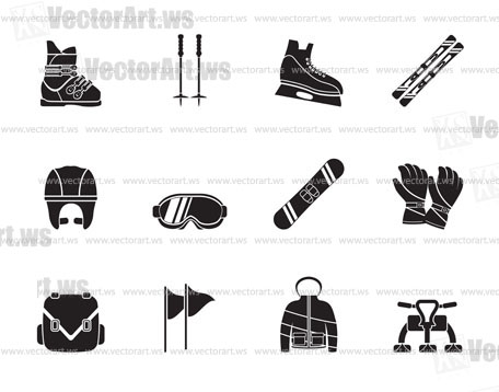 Silhouette ski and snowboard equipment icons - vector icon set