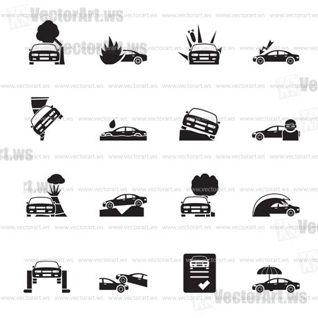 Silhouette car and transportation insurance and risk icons - vector icon set
