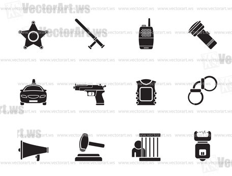 Silhouette law, order, police and crime icons - vector icon set