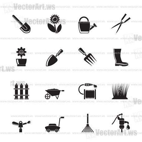 Silhouette Garden and gardening tools and objects icons - vector icon set