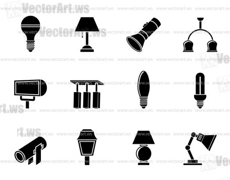 Silhouette different kind of lighting equipment - vector icon set