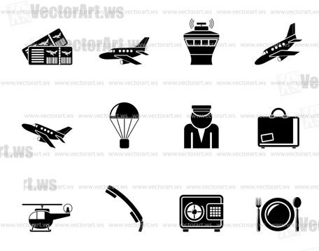 Silhouette Airport and travel icons - vector icon set