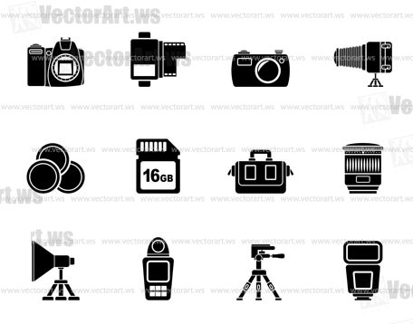 Silhouette Photography equipment and tools icons - vector icon set