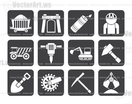 Silhouette Mining and quarrying industry objects and icons - vector icon set