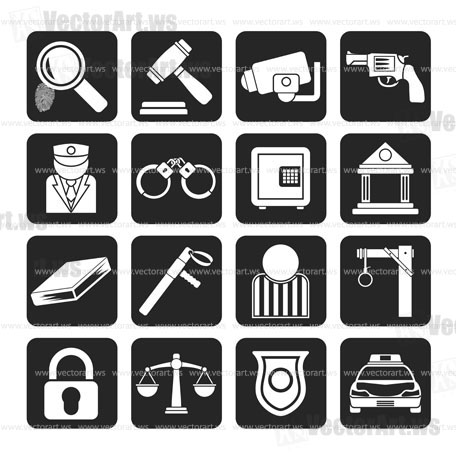 Silhouette Law, Police and Crime icons - vector icon set