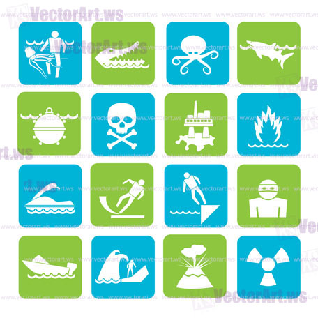 Silhouette Warning Signs for dangers in sea, ocean, beach and rivers - vector icon set 1
