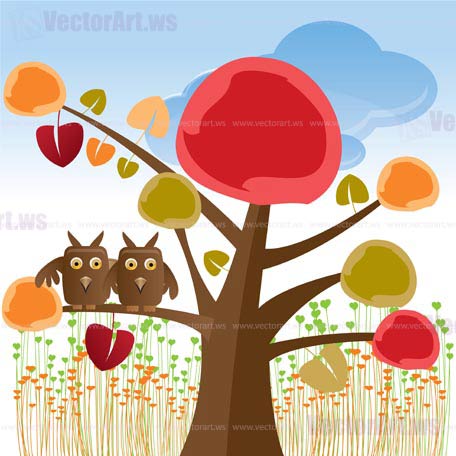 valentine tree with owls - vector illustration
