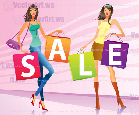 Shopping girls with "sale" campaign bags - vector illustration