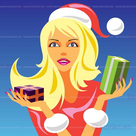 christmas girl with gift 2 - vector illustration