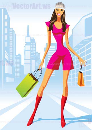 fashion shopping girls with shopping bag in New York - vector illustration