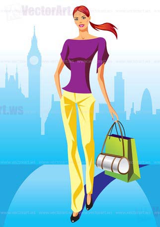 fashion shopping girls with shopping bag in London - vector illustration