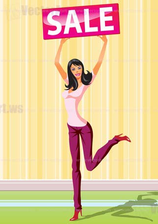 fashion shopping girls with board sale -  vector illustration
