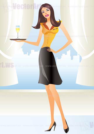 beautiful waitress in apron holding coctail in new york - vector illustration