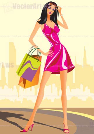 fashion shopping girls with shopping bag - vector illustration