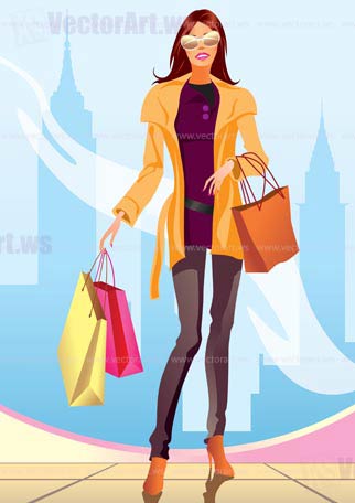 fashion shopping girl with shopping bag in New York- vector illustration