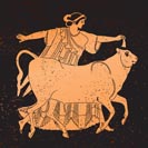 Greece mural painting,  Woman and Bull. Editable vector image