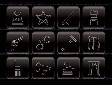 Law, order, police and crime icons - vector icon set