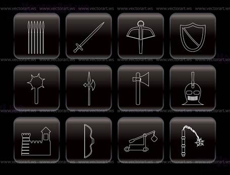 Medieval arms and objects icons - vector icon set