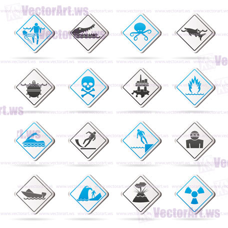 Warning Signs for dangers in sea, ocean, beach and rivers - vector icon set 1