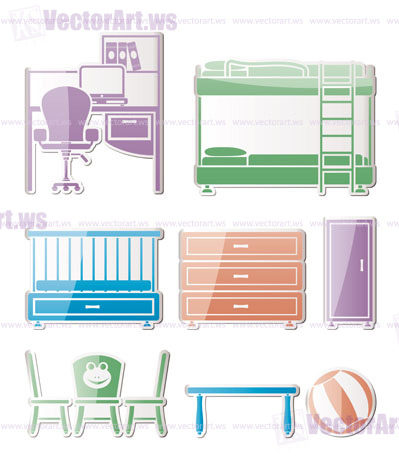 nursery and children room objects, furniture and equipment - vector illustration