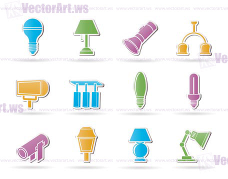 different kind of lighting equipment - vector icon set