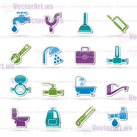 plumbing objects and tools icons - vector icon set