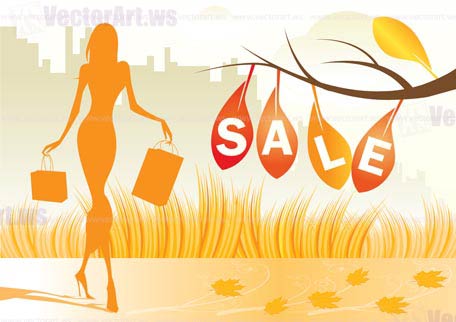 autumn background with shopping woman with shopping bags - vector illustration
