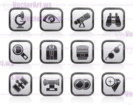 Optic and lens equipment icons - vector icon set