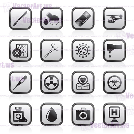 Medicine and hospital equipment icons - vector icon set